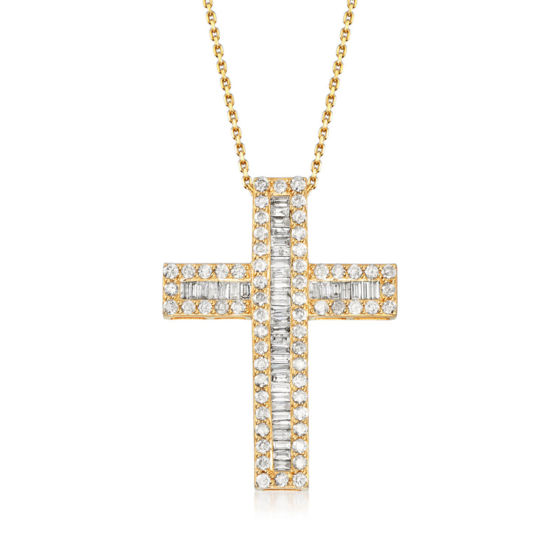 Gold cross pendant necklace with baguette and round diamond accents on chain