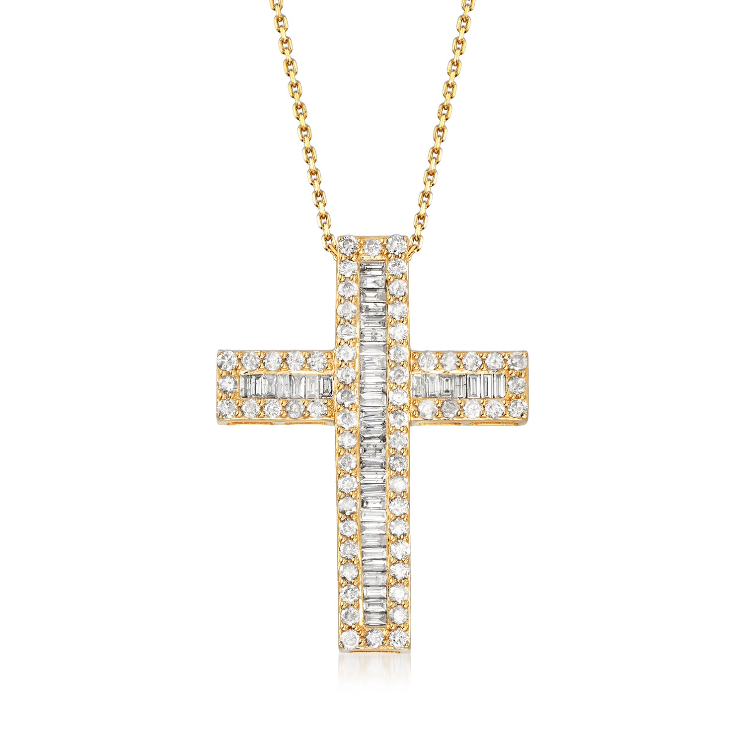 3.00 ct. t.w. Baguette and Round Diamond Cross Pendant Necklace in 18kt Gold Over Sterling