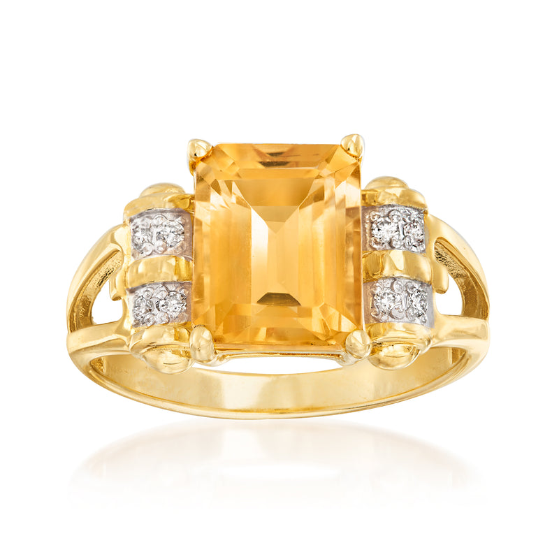 14kt yellow gold ring with rectangular citrine center and diamond accents