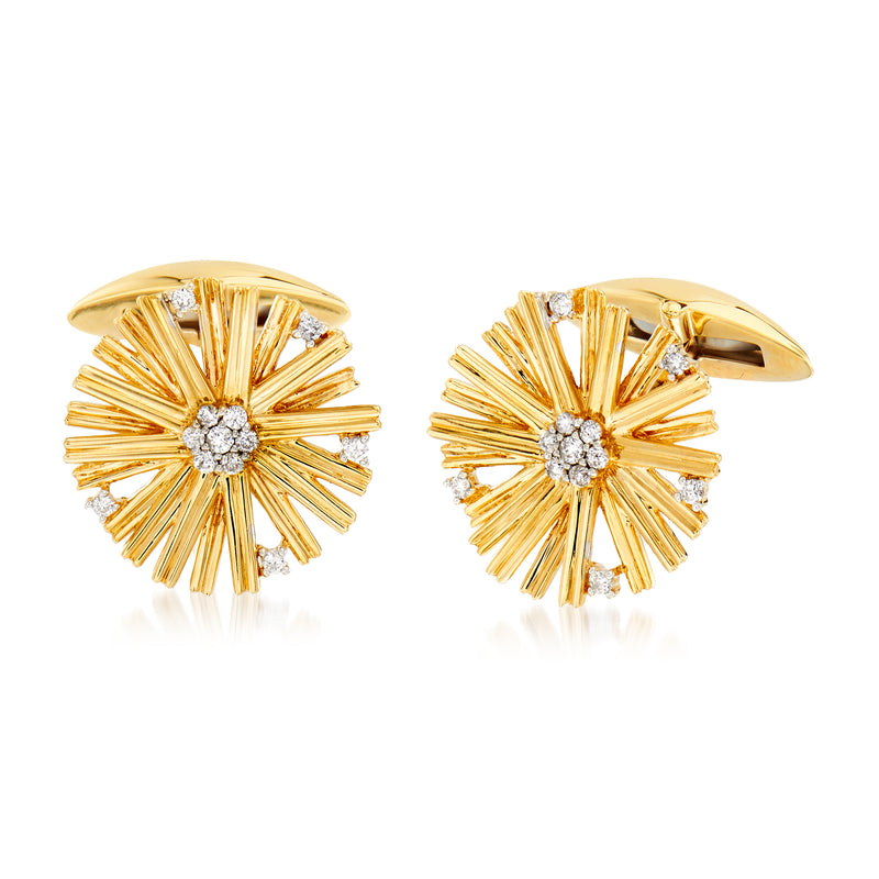 14kt yellow gold diamond circle cuff links with round center stones and radiating fan design