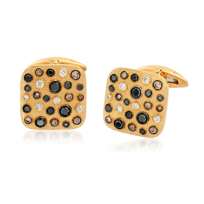 14kt yellow gold square diamond cuff links with black, brown, and white stones