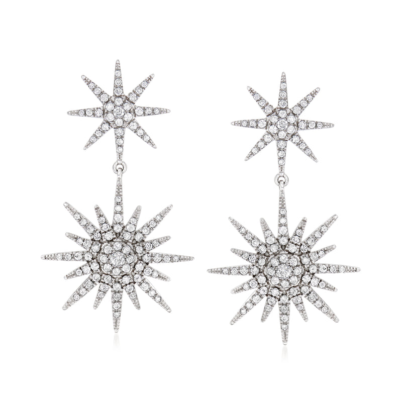 Sterling silver diamond star drop earrings with two dangling star charms