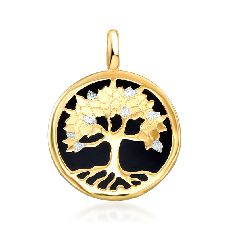 Two-tone gold Tree of Life pendant with black enamel and silver leaf details
