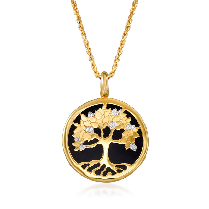 Two-tone gold Tree of Life pendant on a gold chain, round black background