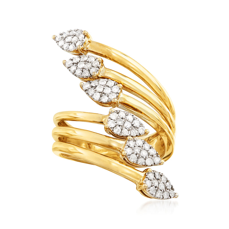18kt gold over sterling bypass ring with five diamond clusters