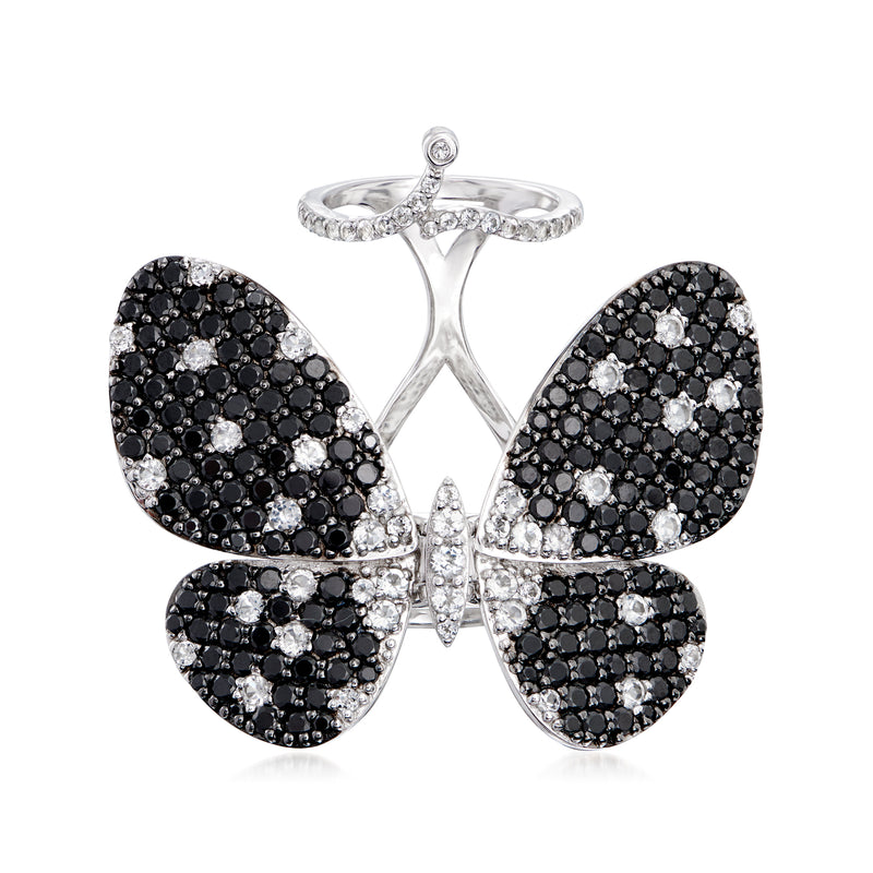 Sterling silver butterfly ring with black spinel and white topaz