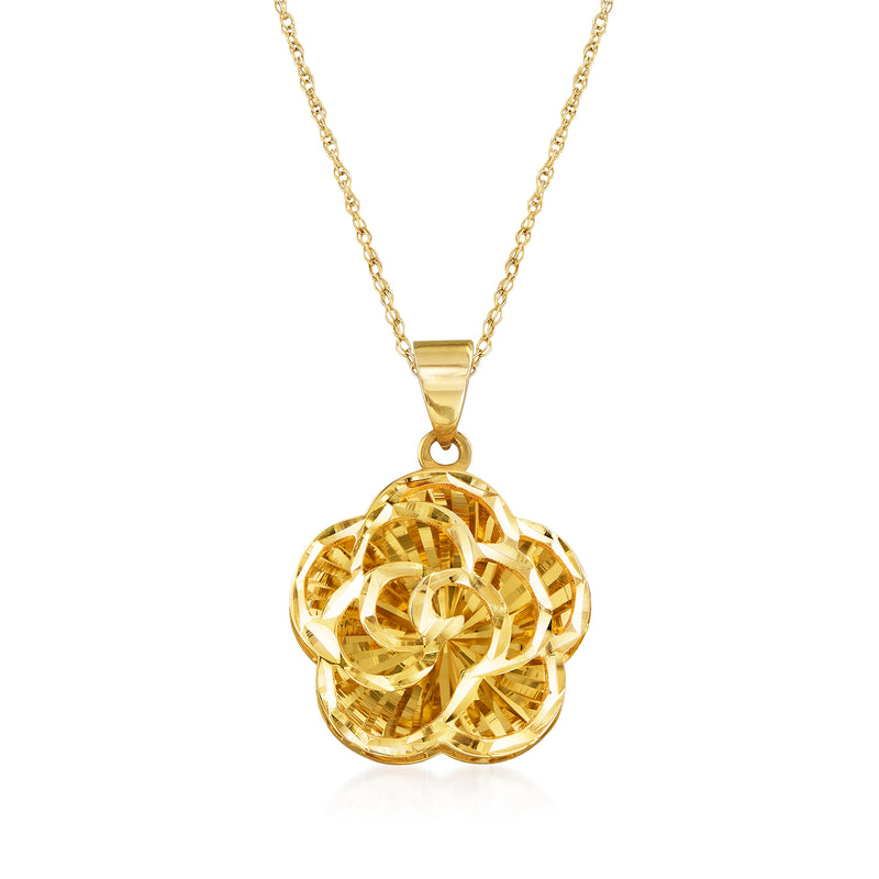 14kt yellow gold openwork flower pendant necklace with round floral pendant