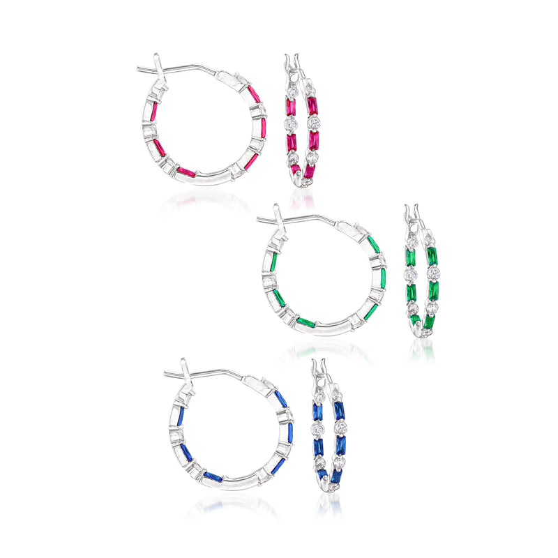 Sterling silver hoop earring set with multicolor CZ stones: pink, green, and blue