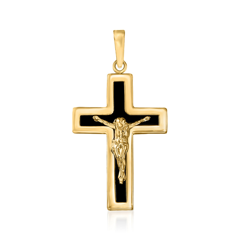 14kt yellow gold crucifix pendant with black onyx inset center