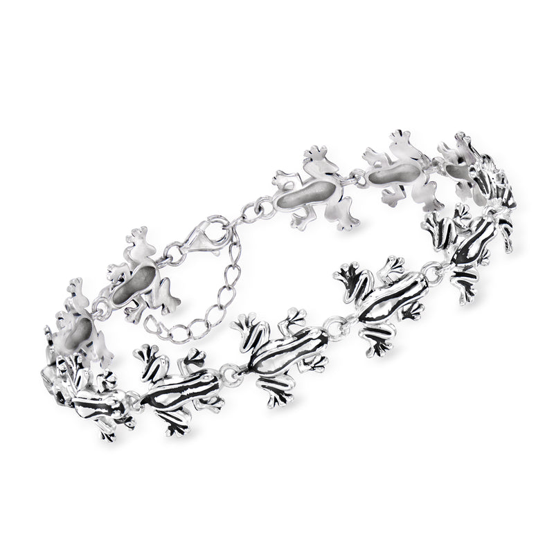 Sterling silver frog charm bracelet with linked chain and five articulated frog figures