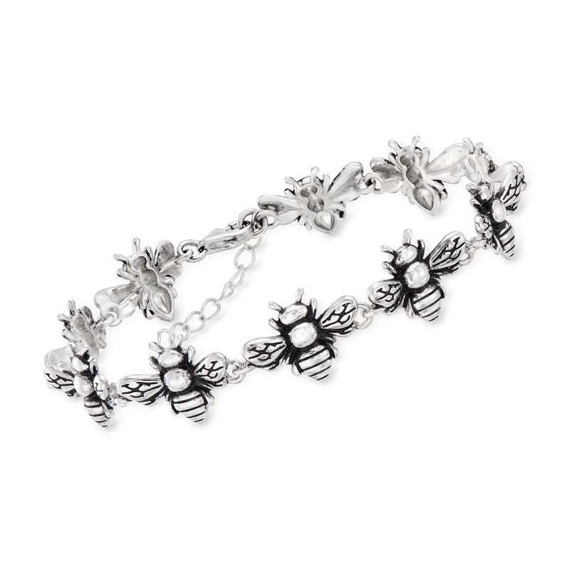 Sterling silver bee bracelet with dangling bee and flower charms