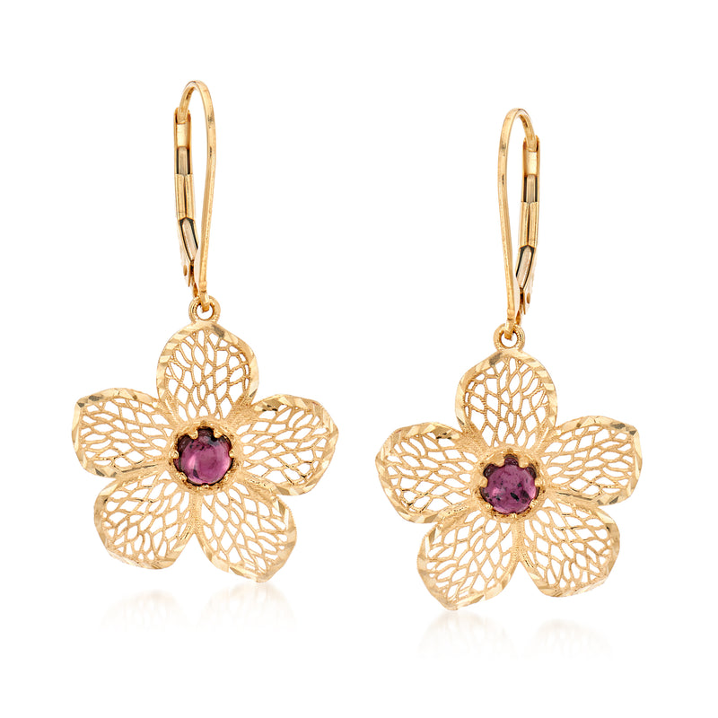 14kt yellow gold leverback flower drop earrings with purple garnet center