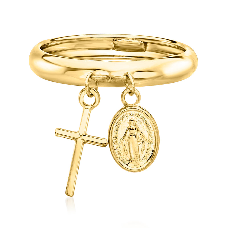 14kt yellow gold charm ring with cross and oval religious medallion dangles