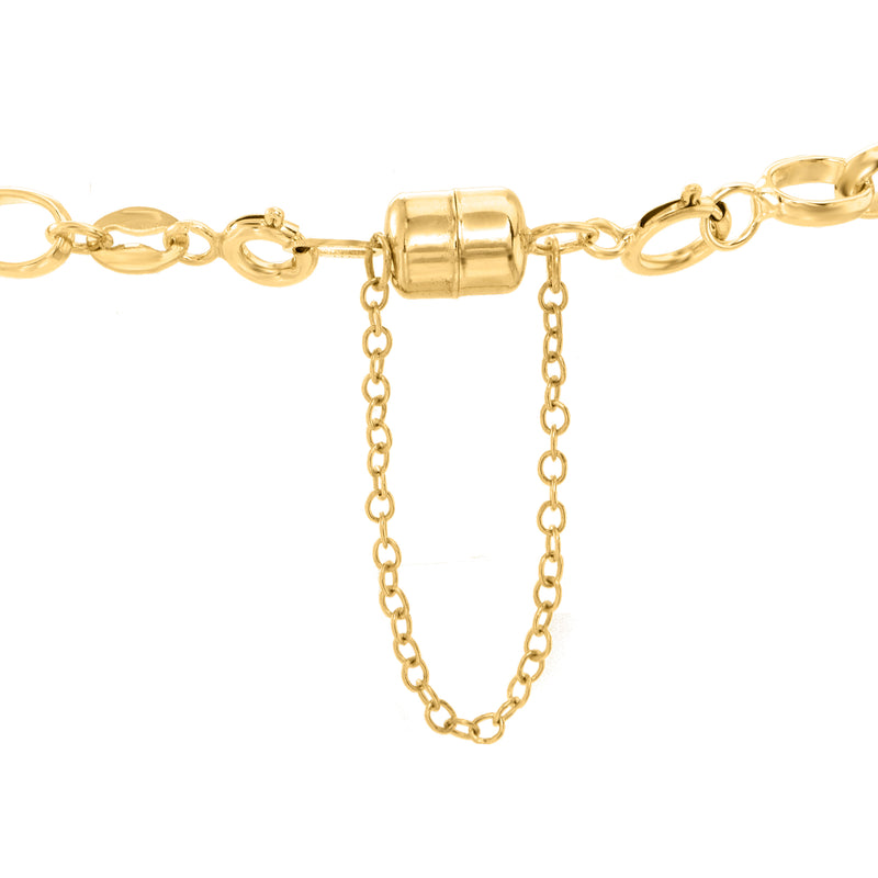 14kt yellow gold magnetic bracelet clasp converter with safety chain, central barrel