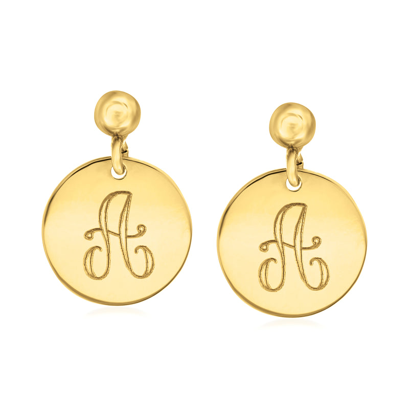 14kt yellow gold disc drop earrings with cursive initial 'A'