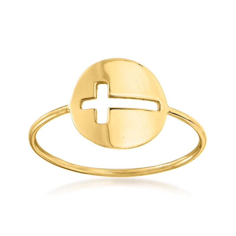 14kt yellow gold cut-out cross ring with round disc top