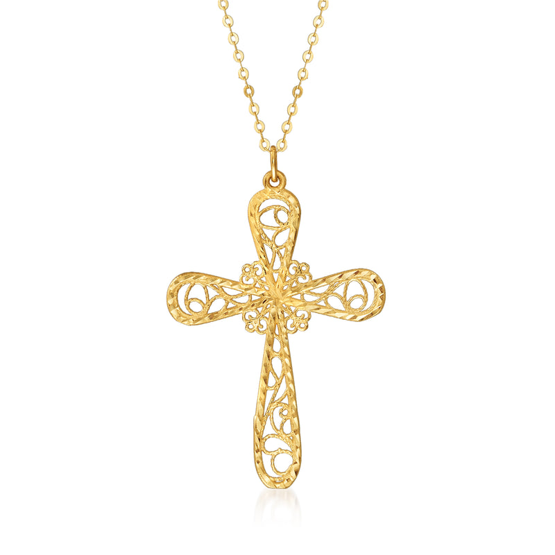 14kt yellow gold filigree cross pendant necklace with openwork cross and chain