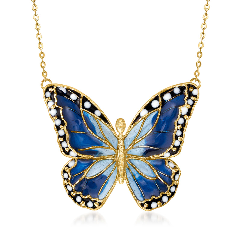 14kt yellow gold butterfly necklace with blue enamel wings and dotted border