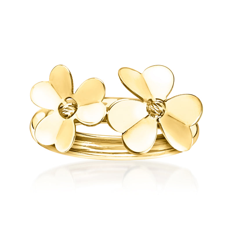 14kt yellow gold flower ring with two scalloped blooms and round center accents