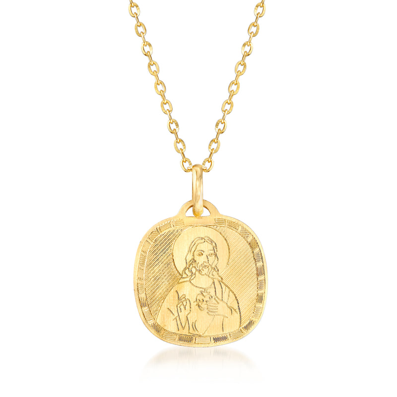 18kt yellow gold sacred heart pendant necklace with engraved Jesus figure on oval