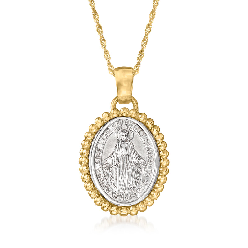 Two-tone 14kt gold Miraculous Medal pendant necklace, oval silver center on gold frame