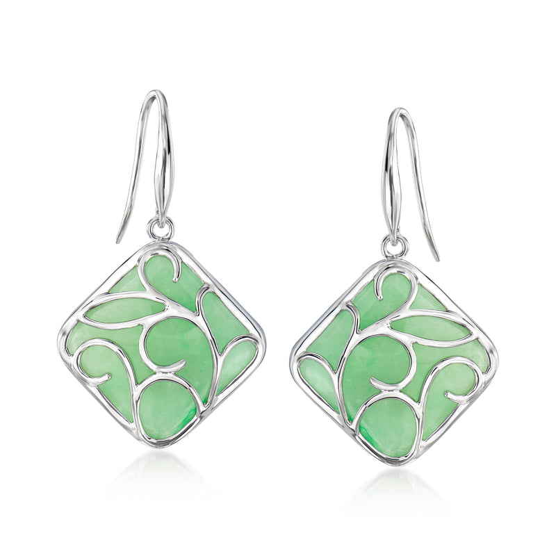Sterling silver jade drop earrings with square green floral design and earwires