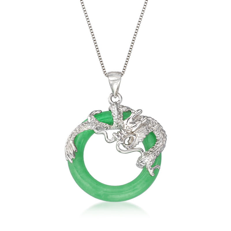 Sterling silver dragon open-space pendant necklace with green jade-like ring pendant