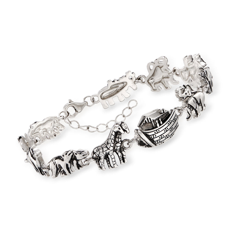 Sterling silver Noah's Ark charm bracelet with animal and ark figures, linked chain