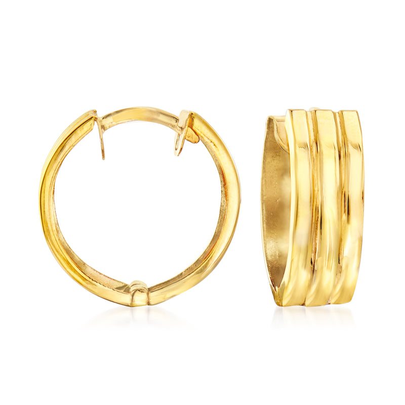 14kt yellow gold huggie hoop earrings with hinged clasp, polished round hoop