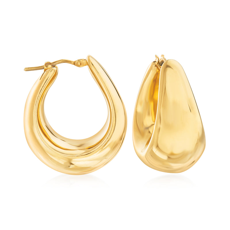 Wide gold over sterling hoop earrings, polished oval hoops with clasp