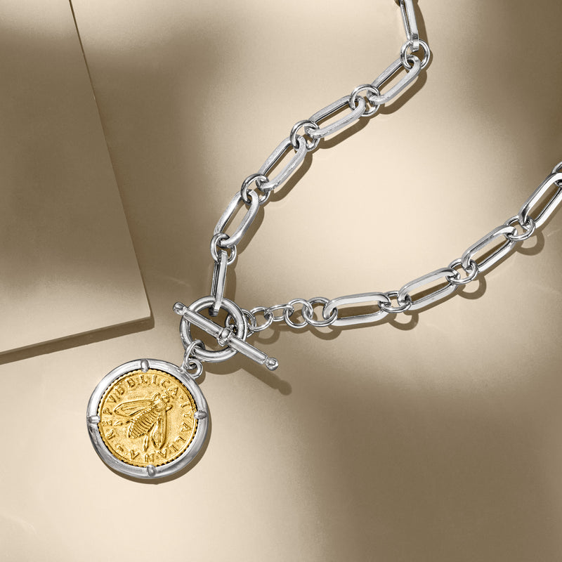 Sterling silver coin pendant necklace with gold lira medallion and chunky links