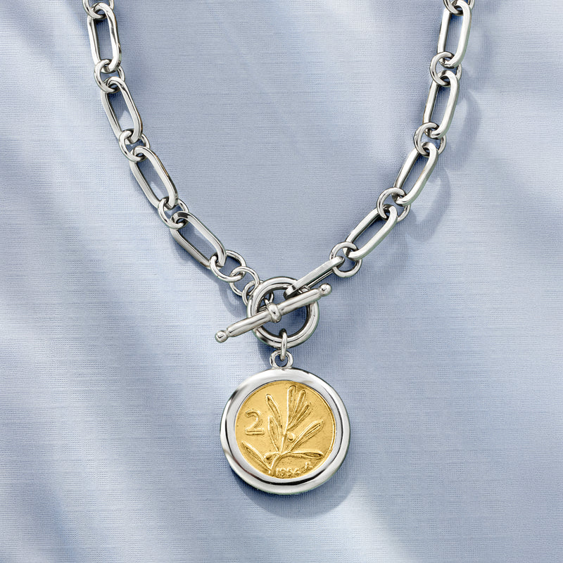 Sterling silver lira coin pendant necklace with gold medallion and link chain