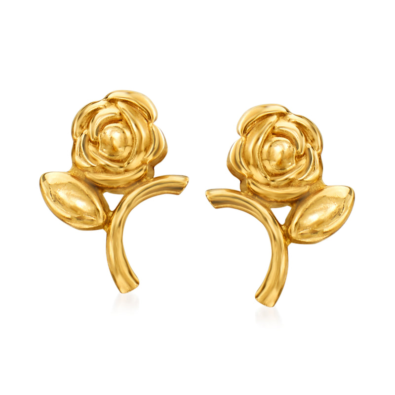 Yellow gold flower stud earrings with two leaves