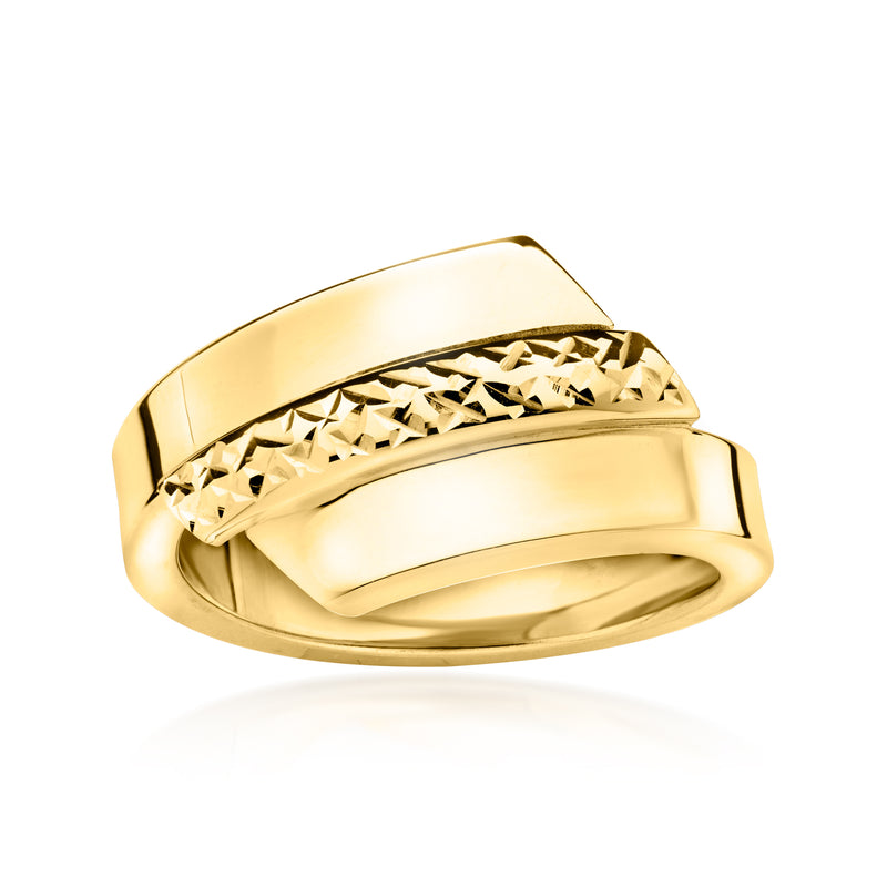 Yellow gold diamond-cut and polished ring with domed band and textured center stripe