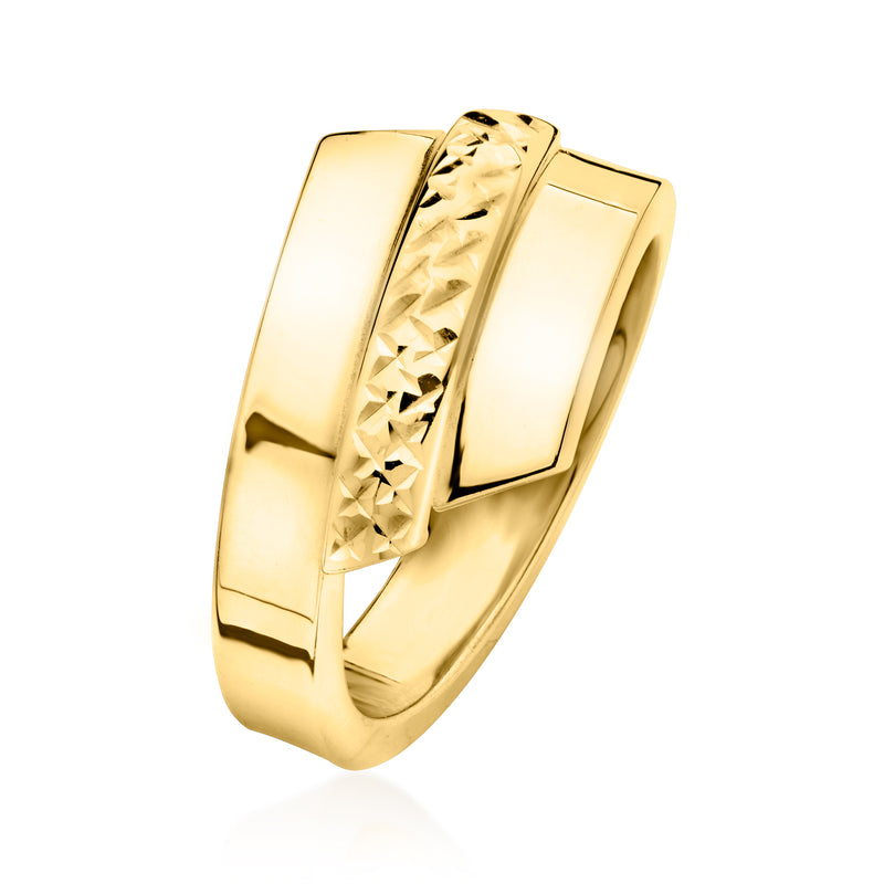 Yellow gold ring with wide polished band and diamond-cut textured center centerpiece
