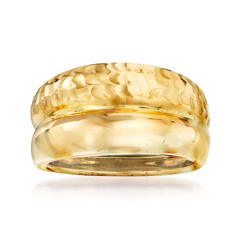 14kt yellow gold ring with engraved wave pattern, polished band