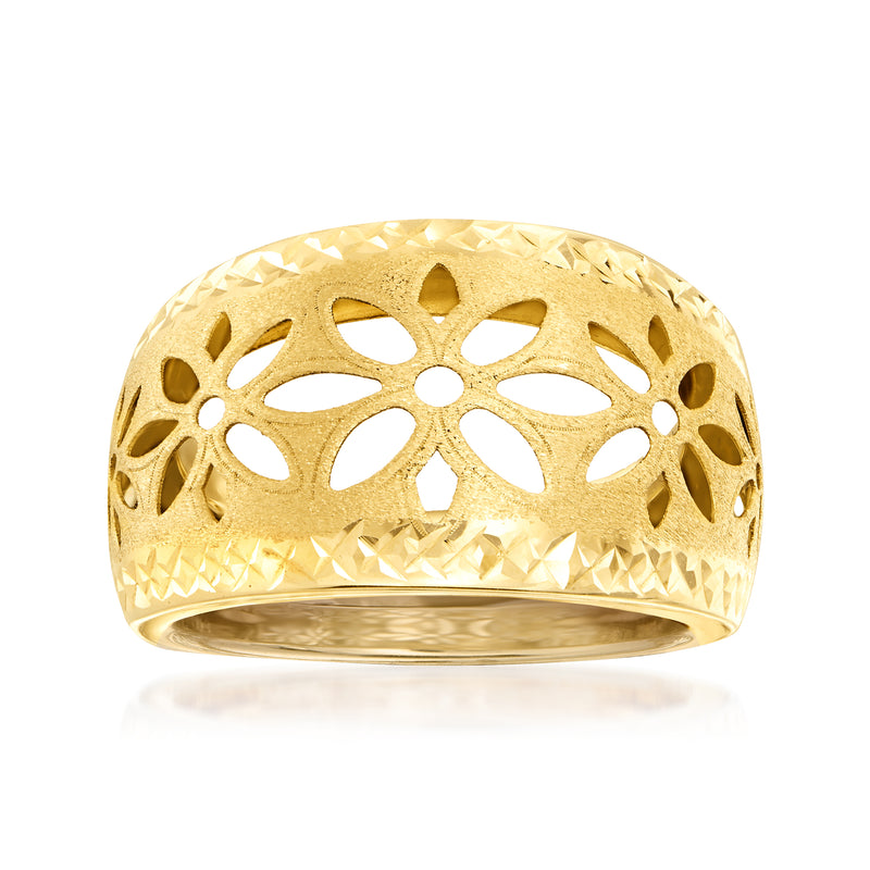 Yellow 14kt gold dome ring with cut-out floral pattern