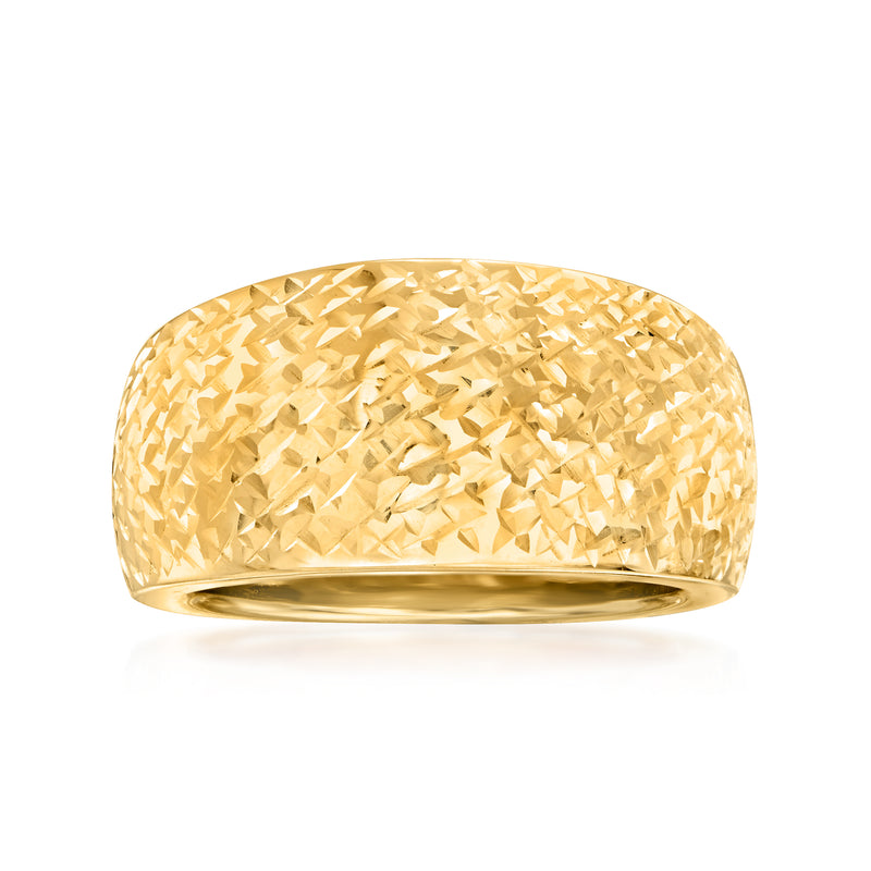 Yellow gold dome ring with hammered geometric texture and smooth polished band