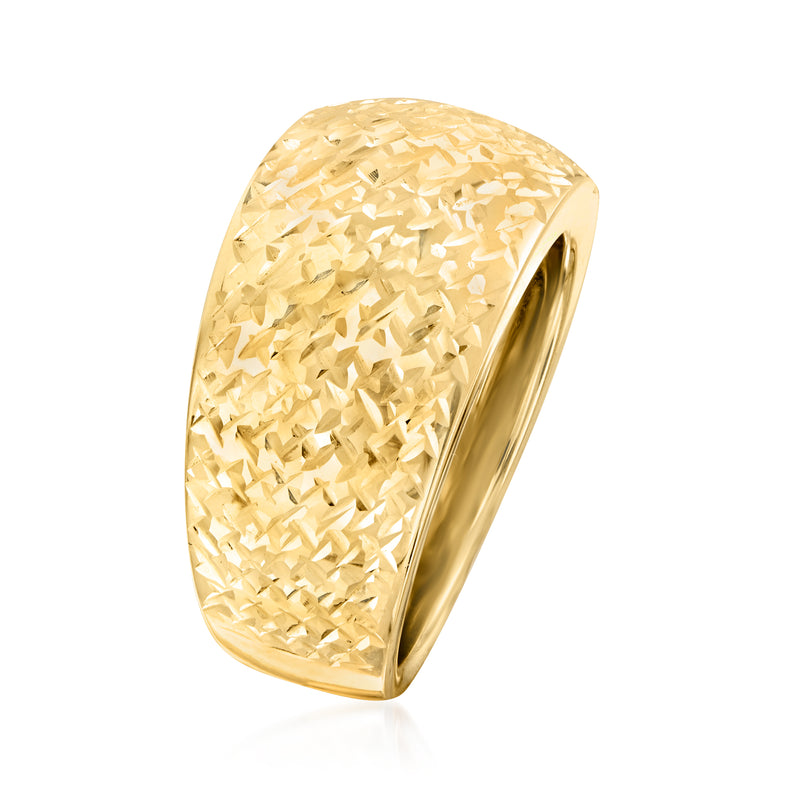 Yellow gold dome ring with textured top and angled side view, smooth tapered band