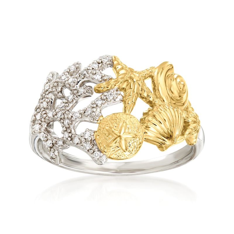 Sterling silver sea life ring with gold accents and round diamond-like stones
