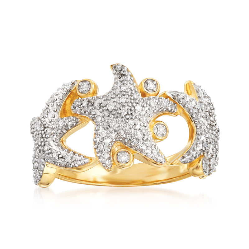 Starfish diamond ring in textured sterling silver with gold accents and round diamonds