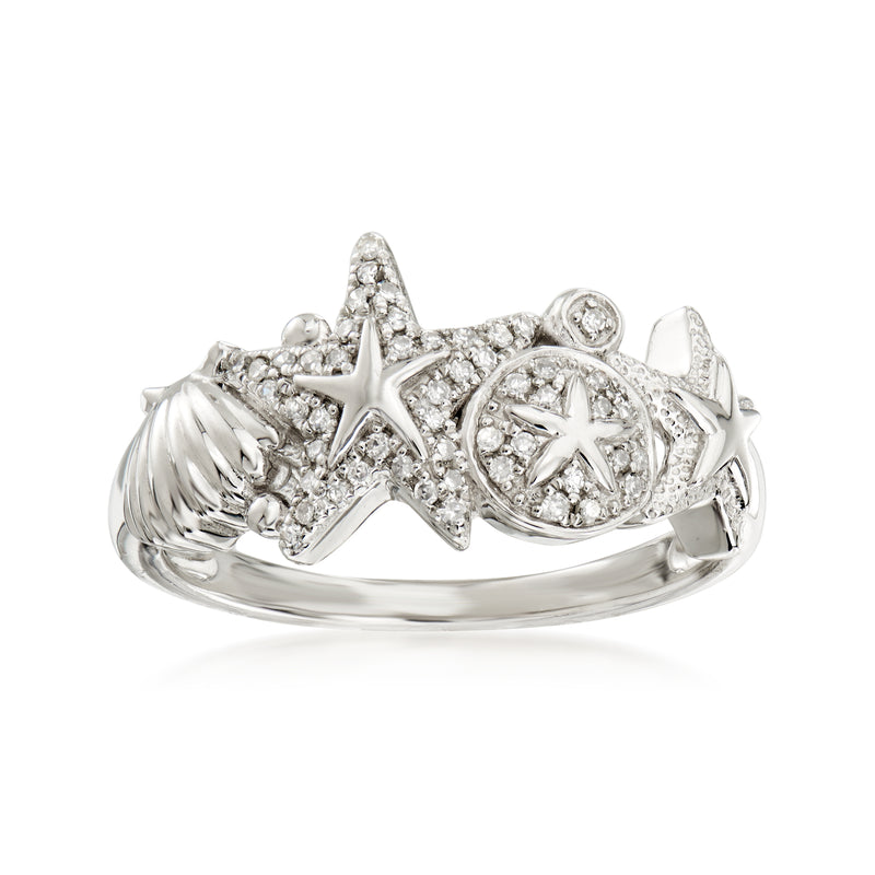 Sterling silver sea life diamond accent ring with starfish and swirl shell design