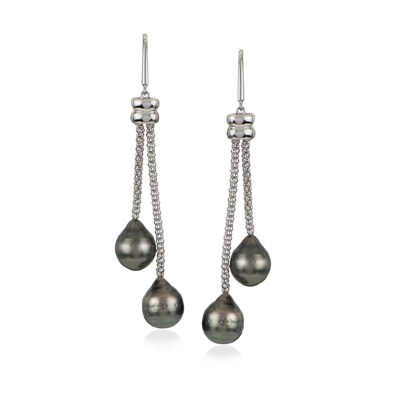 Sterling silver drop earrings with dark Tahitian pearls and chain tassels