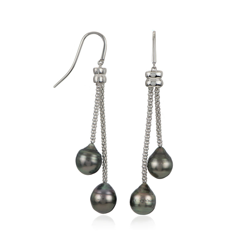Sterling silver earwire drop earrings with dark Tahitian pearl drops and chain