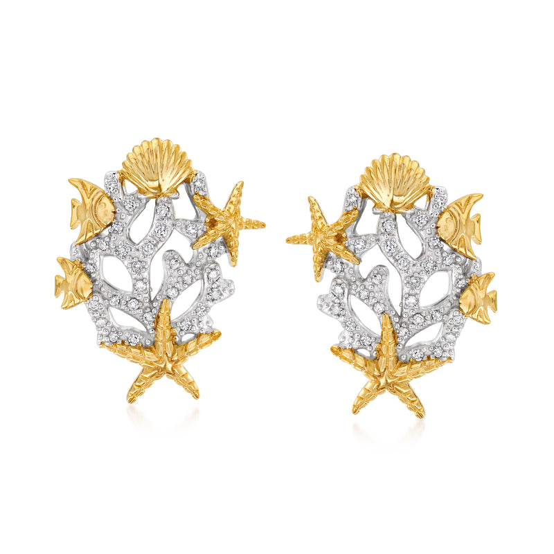 Sea life diamond earrings in sterling silver and gold over silver, stud posts