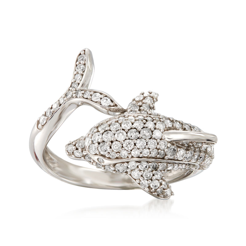 Diamond dolphin bypass ring in sterling silver