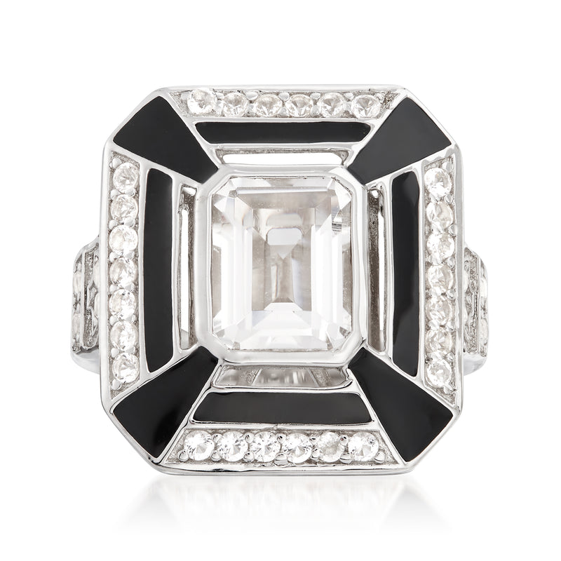 Sterling silver ring with emerald-cut white topaz and black enamel