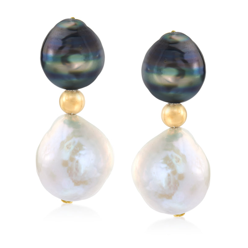 Yellow gold drop earrings with dark peacock pearl tops and white teardrop pearls