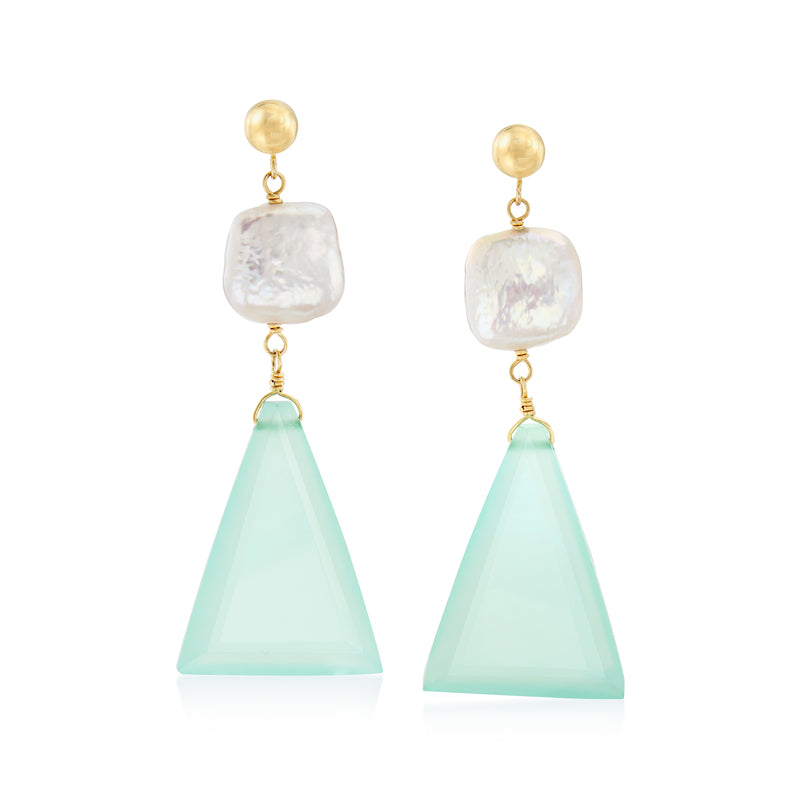 14kt yellow gold drop earrings with round cultured pearl and green chalcedony drops