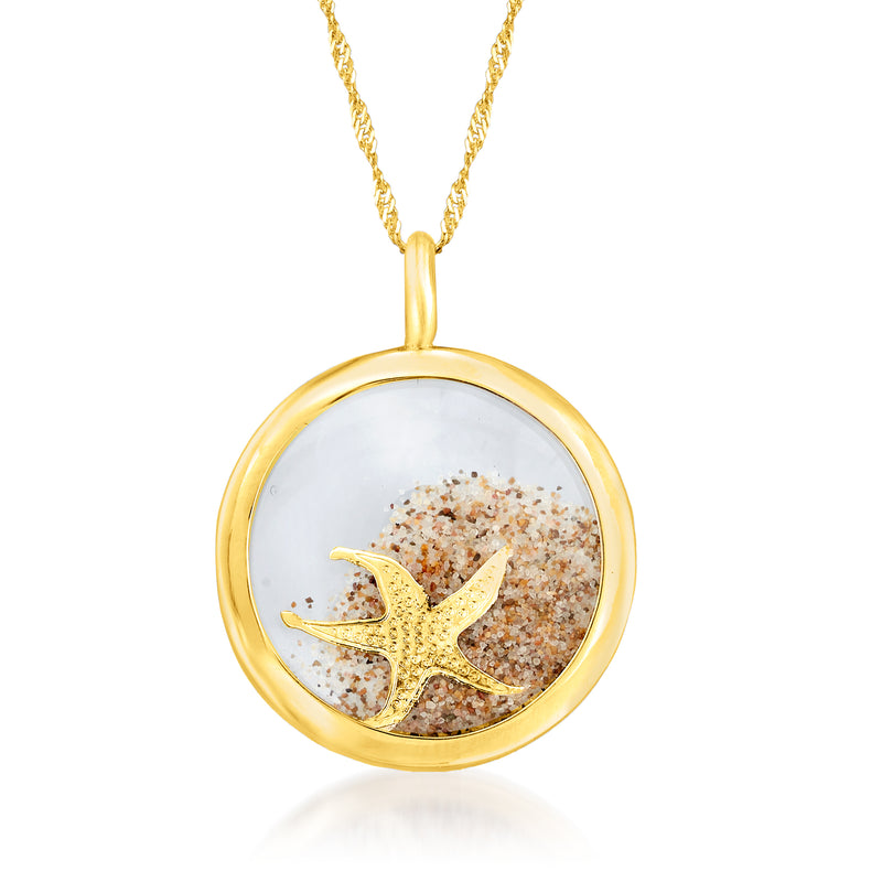 14kt yellow gold pendant necklace with round starfish and sand locket on chain